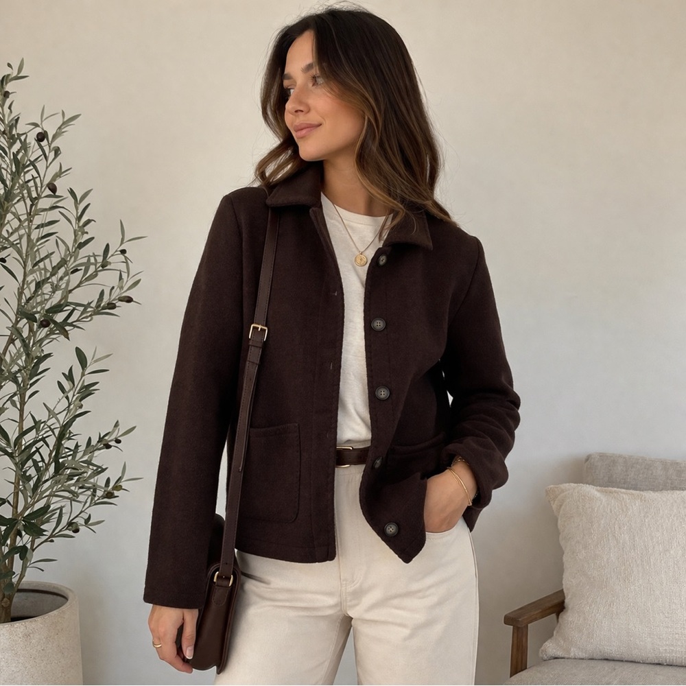 BeachLunchLounge Brown Knit Jacket Button Front Pocket Quiet Luxury Small